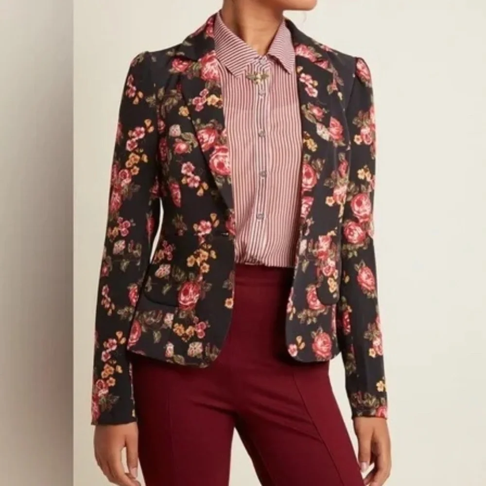 ModCloth Black Floral Blazer with Pink and Red Roses - Picture 1 of 8